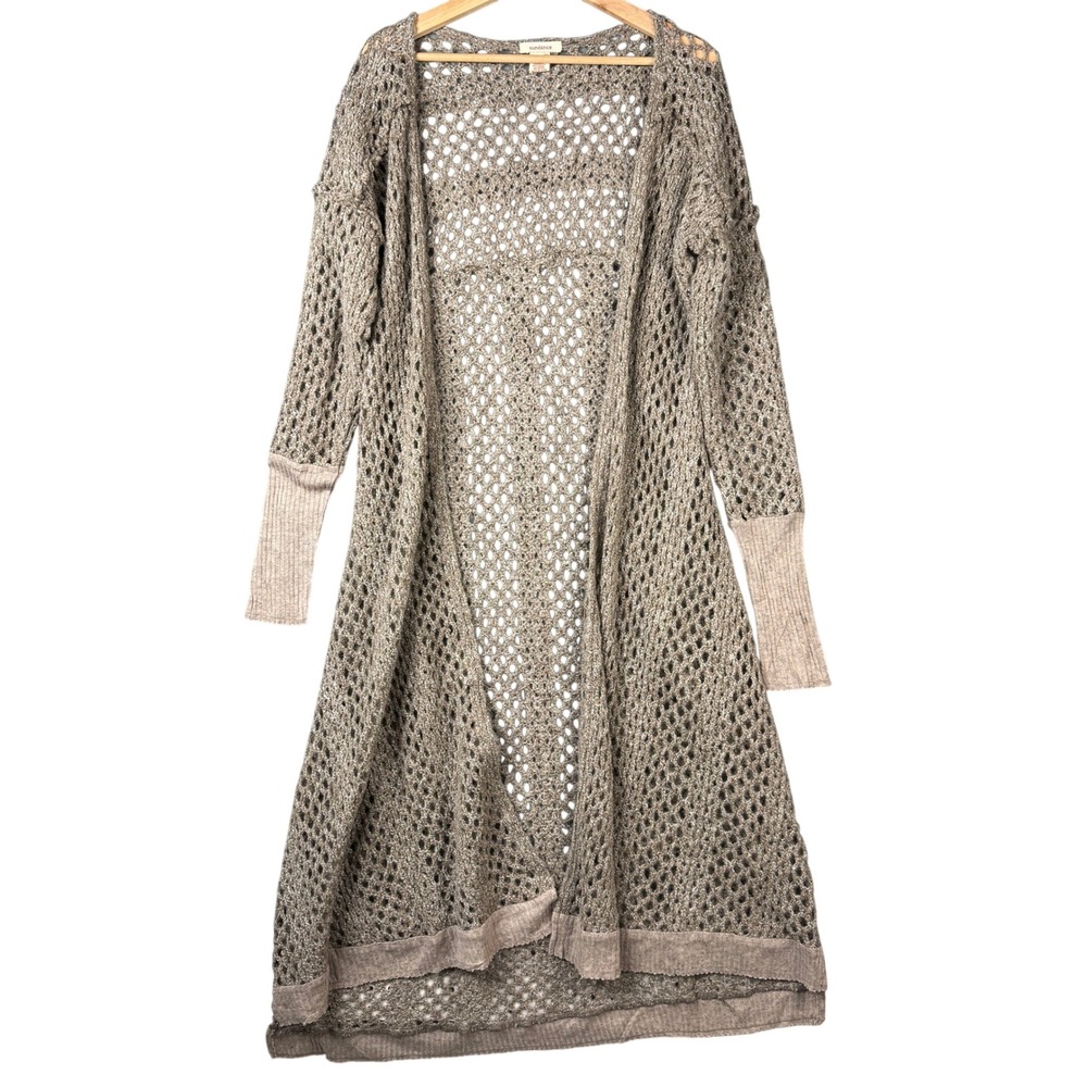 Sundance Open Knit Long Cardigan Sweater Taupe Brown Mohair Wool Blend Small